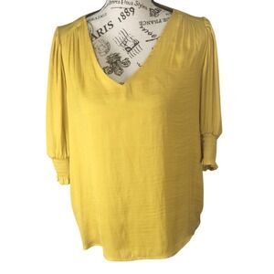 Rachel Zoe Womens Mustard Yellow V-Neck Smocked 3/4 Puff Sleeve Blouse Size S